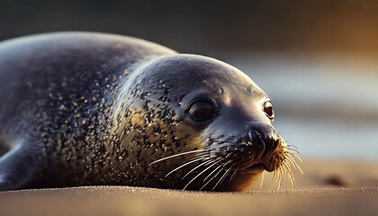 Seal lion on the sandy shore. 