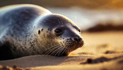 Fototapeta premium Seal lion on the sandy shore. 