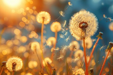 Delicate dandelion seeds take flight in the warm glow of sunset, symbolizing change, transformation, and the delicate balance of nature.