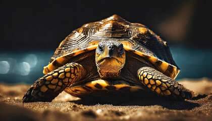 Naklejka premium Close-up tortoise on the sandy shore.