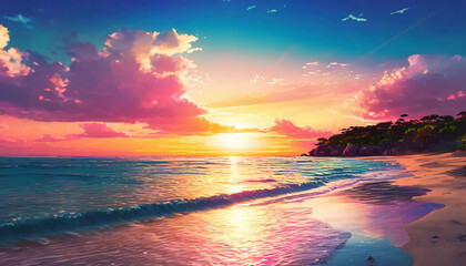 Beautiful bright sunset on the ocean beach.
