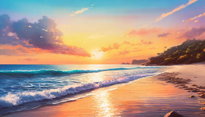 Naklejka na ściany i meble Bright orange sunset on the ocean beach.