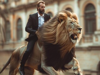 business man riding a lion shot 
