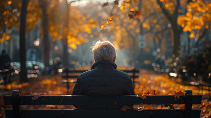 Alone senior is sitting on a bench in the park. - obrazy, fototapety, plakaty