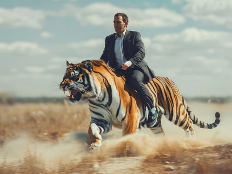 business man riding a tiger shot 