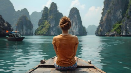 Woman in a Boat Contemplating Majestic Mountains in an Asian-Inspired Landscape
