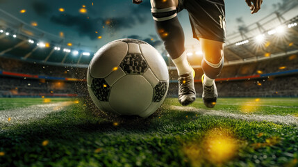 Soccer player in action with ball on green field of stadium. Football concept - obrazy, fototapety, plakaty