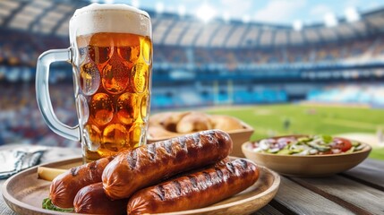 Glass of beer with Bavarian sausages on wooden table against football stadium. Football concept