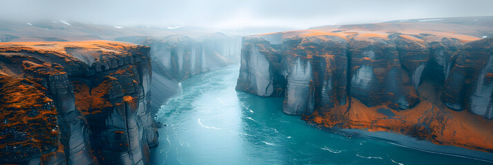 Aerial View of Fjadrargljufur Canyon in Iceland,
Cliffs And Ocean Under A Cloudy Sky A National Geographic Style
 - obrazy, fototapety, plakaty
