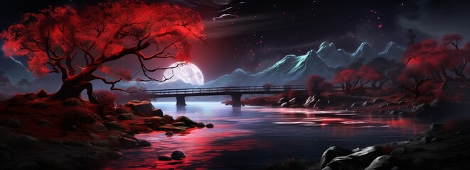 Acidwave river at night its banks a blend of cyberdelic red and dark guarded by a dreamy twilight tree