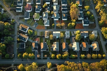 Aerial View of Residential Area in Autumn. Generative AI
