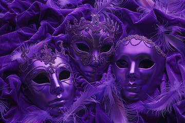 Obraz premium Feathered masquerade masks on a rich violet velvet inviting to a ball where secrets and dances blend into the night