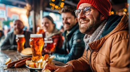 A group of friends in winter clothes drink beer and have fun on the terrace of a bar