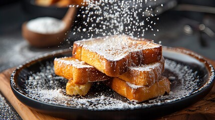 Dusting powdered sugar over French toast - obrazy, fototapety, plakaty