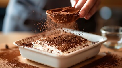 Dusting cocoa powder over a tiramisu