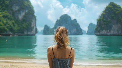 Obraz premium Woman Overlooking a Beach and Mountains in a Tropical Landscape