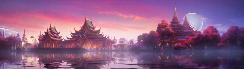 Cyberdelic view of a Thai temple at twilight the wilderness a blur of acidwave colors a river reflecting the dreamy glow of space