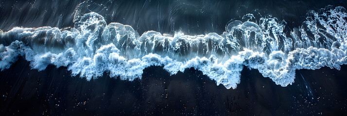 Aerial View of Waves Breaking on Black Sand Beach,
Aerial view of waves crashing into the ocean, shot from above
