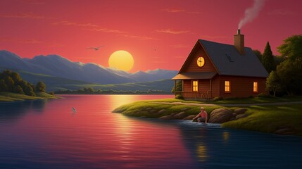 Darkness falls as twilight paints the river red a solitary home between symmetrical trees the timeless clock a beacon of tranquility - obrazy, fototapety, plakaty