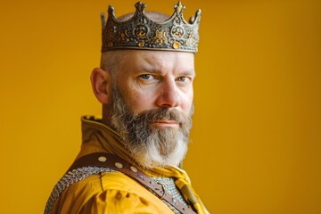 A king with a stoic expression and a meticulously crafted crown on his head, against an orange background