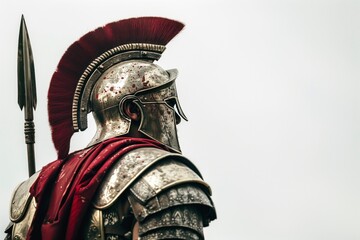 A detailed photograph capturing the impressive full armor of an ancient Roman soldier with a red crest helmet and spear