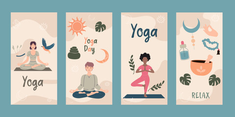Flat style yoga instagram story collection - obrazy, fototapety, plakaty