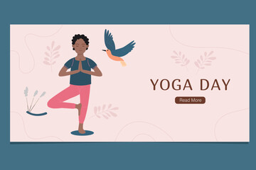 International Day of Yoga banner. African American man doing yoga