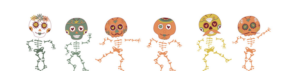 Sugar dancing skulls decorated by design elements and colorful floral ornament. Mexican national holiday Day of the dead. Festive banner templates for Dia de los muertos. Vector illustration