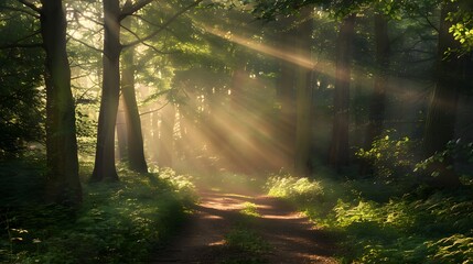 A sunlit path winds through a lush green forest bathed in warm sunrays filtering through the trees. - obrazy, fototapety, plakaty