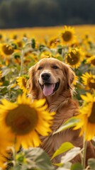 Golden retriever smiling in a field of sunflowers embodying joy and the warmth of a sunny day