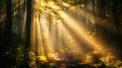 Tuinposter Sunbeams pierce through a misty forest, creating a enchanting natural scenery. © Vivid Canvas
