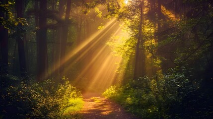 Sunlight filters through the dense greenery of a woodland trail, creating a mystical atmosphere.
