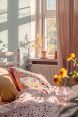 A gorgeous flat interior with soft colors and sunset light from the window. Modern set with sunflowers and lots of polka dots.