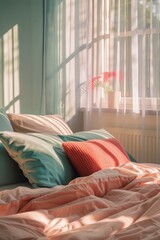A gorgeous flat interior with soft colors and sunset light from the window. Modern set. 