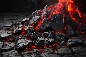 Burning coals and crack surface. Black and red rock stone background. Dark red horror scary background. Old wall texture cement black red background. Red grunge textured stone wall background. - obrazy, fototapety, plakaty