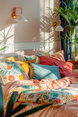 A gorgeous flat interior with soft colors and sunset light from the window. Modern set with green flowers