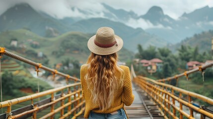 Woman in Yellow and Maroon Looking Over Mountains from Bridge - obrazy, fototapety, plakaty
