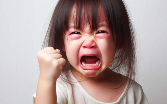 Angry girl, aggressive child, crying child, white background