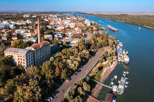 Aerial view over Braila and Danube River in Romania