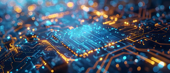 Circuit board digital technology background. Abstract golden light lines luxury on black background.