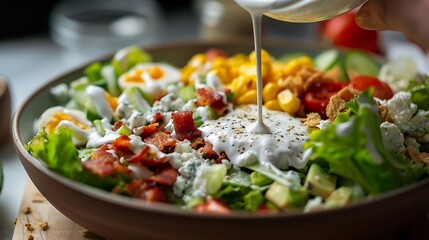 Drizzling ranch dressing over a Cobb salad
