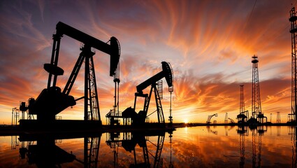 derricks from an oil field silhouette against the backdrop of a breathtaking sunset