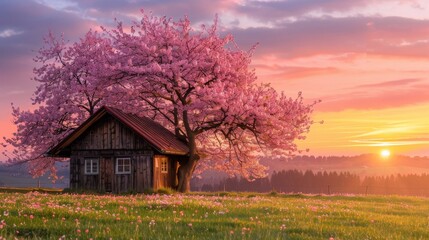 Old wooden house at cherry tree blossom landscape