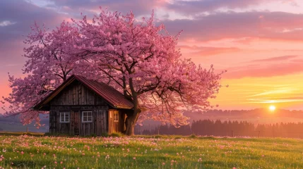 Selbstklebende Fototapete Altes Gebäude Old wooden house at cherry tree blossom landscape