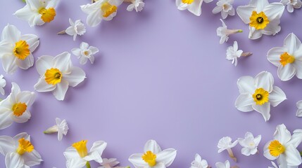 Yellow narcissus on a purple background. Easter, March 8, mother's day celebration card