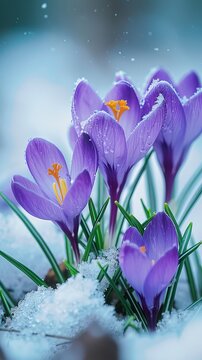 Fototapeta Purple crocuses growing through the snow in early spring
