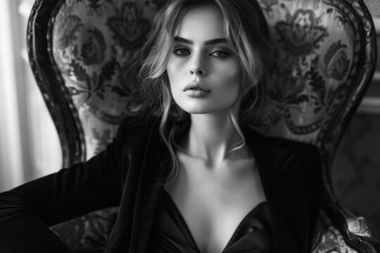 A captivating black-and-white image of a woman in elegant attire, her enigmatic gaze and striking makeup commanding attention.