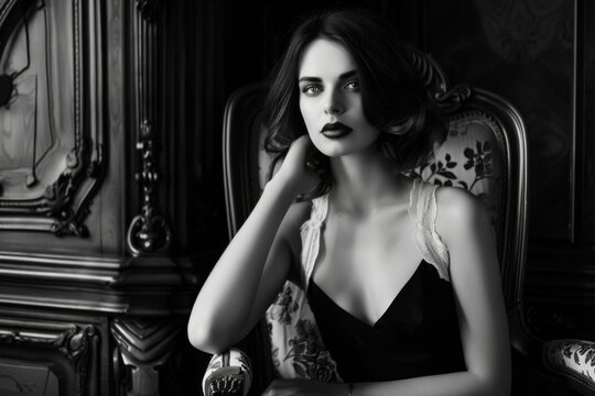 A captivating black-and-white image of a woman in elegant attire, her enigmatic gaze and striking makeup commanding attention.