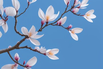 Pink Chinese or saucer magnolia flowers, Magnolia x soulangeana, against a blue sky