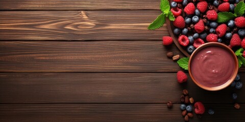 Top view of a wooden table with a bowl of berries and raspberry smoothie.